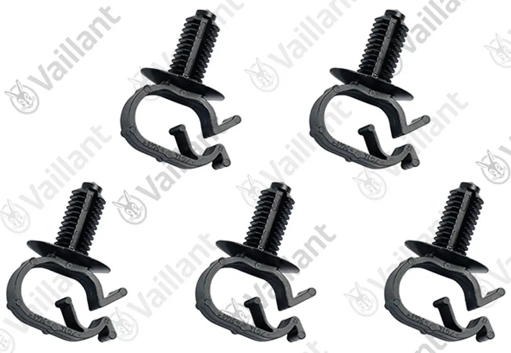 Fünf schwarze Klammern von Vaillant, mit gewindeloser Halterung und Clip-Mechanismus, geeignet zur Befestigung in verschiedenen Anwendungen.